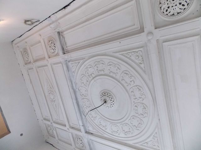 Plafon alb cu rozetă centrală și panouri de stuc.